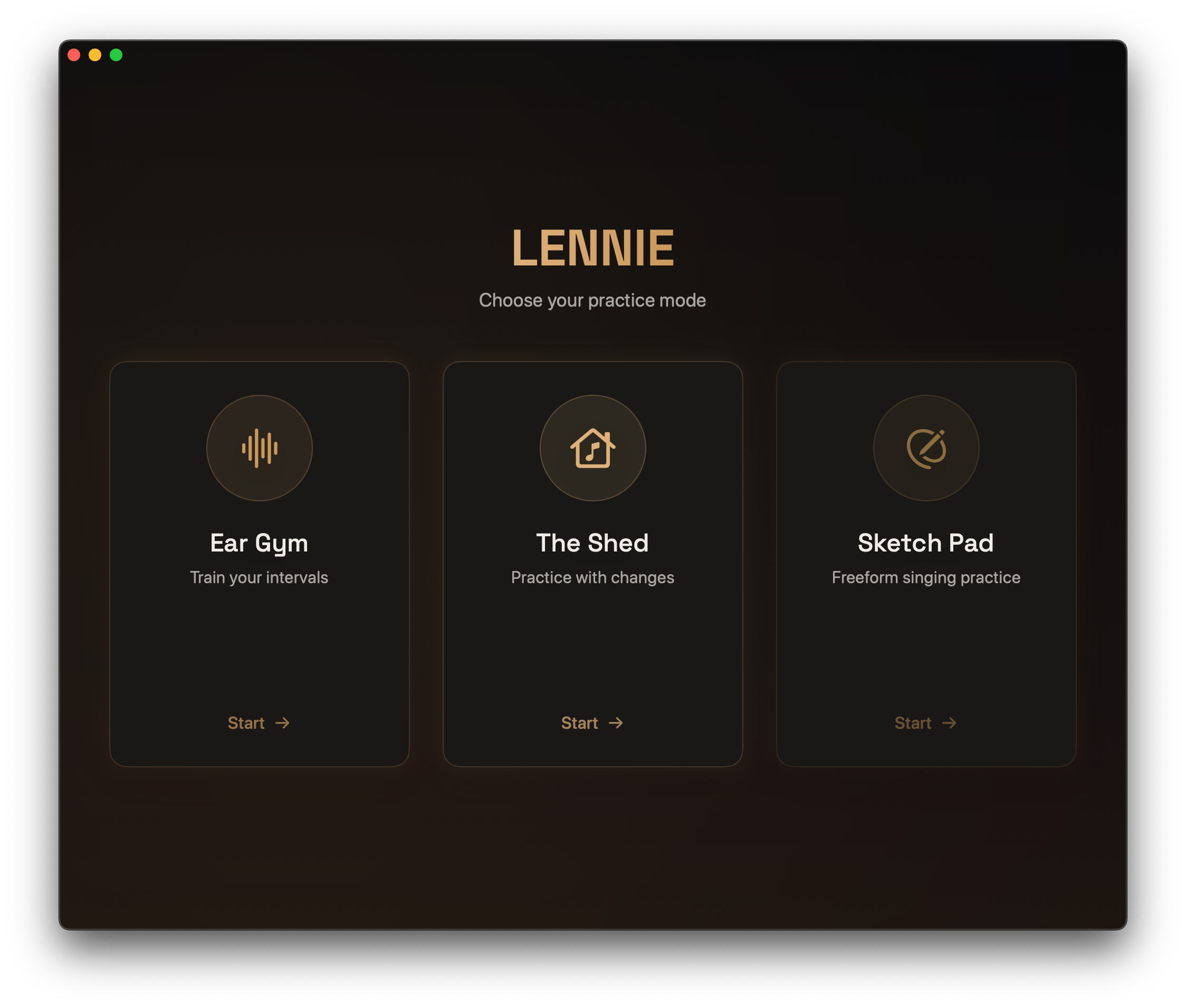 Lennie home screen showing Ear Gym, The Shed, and Sketch Pad